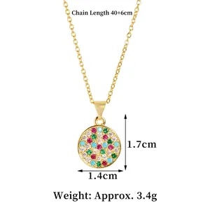 Gold round pendant necklace with multi-color zircon stones 40+6cm chain length