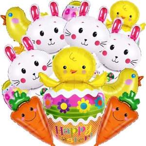 Easter foil balloons collection featuring white rabbits, chicks, and Happy Easter egg designs