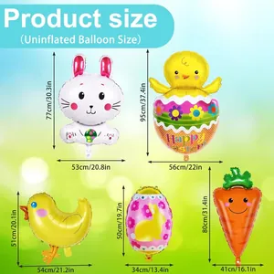 Detailed size chart for Easter foil balloons including bunny, chick and egg measurements