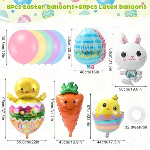 Detailed Easter balloon set dimensions showing foil bunny and colorful egg sizes
