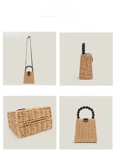 Detailed four-angle view of a handmade woven straw handbag with black beaded handles