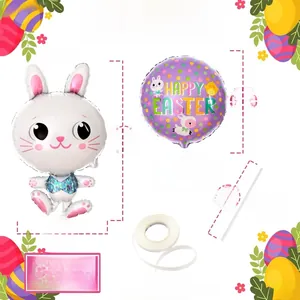 Detailed size guide for Easter bunny foil balloon and Happy Easter round balloon set
