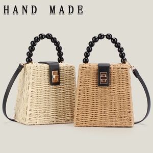Vintage Handwoven Straw Bag With Black Bead Handle Square Paper Rope Crossbody Handbag Summer Beach Style Women