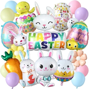 Detailed set of colorful Easter party balloons with cute rabbit, chick and carrot shapes