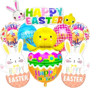 Detailed view of colorful Easter aluminum foil balloons including bunnies and chicks