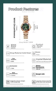 Detailed specifications table of rose gold steel watch with green dial and rhinestones