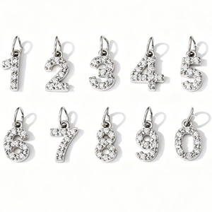 Silver number charms 0-9 set with micro-pave zirconia for DIY jewelry making
