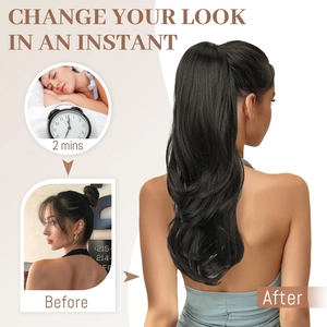 Long wavy ponytail hair extension with claw clip for instant volume and length