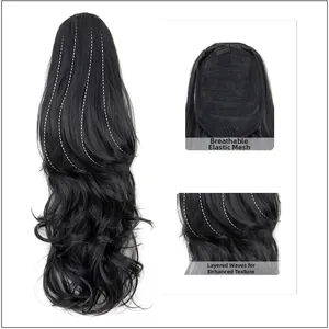Detail of breathable elastic mesh and layered wavy texture of black ponytail extension