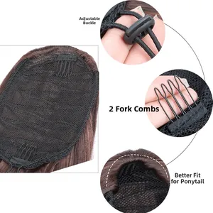 Detail view of wavy ponytail extension showing adjustment buckle and two inner combs