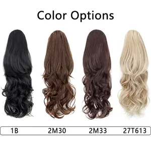 Long wavy ponytail extensions display in four colors including black brown and blonde