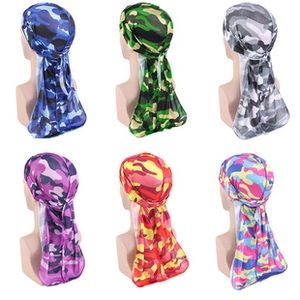 Multiple camouflage silky durags featuring long tail design for men and women