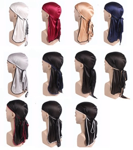 Silky durags display showing multiple color options and contrast stitching details