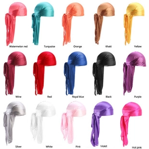 A comprehensive collection of silky long tail durags available in fifteen vibrant colors.