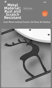 Detail of the black painted metal clock frame showing the deer silhouette and rust-proof finish