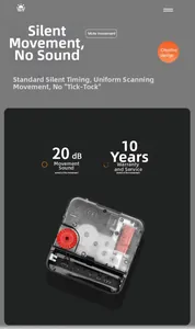 Detail of silent quartz clock movement with white gears and 10-year warranty service