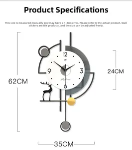 Detail view of modern geometric wall clock showing 62x35cm dimensions and silent movement