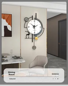 Detail of modern minimalist 35x62cm wall clock with golden deer art and wood texture