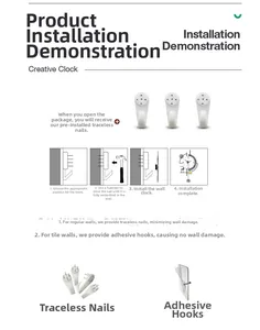 Installation guide for modern wall clock showing non-marking nails and sticky hooks for tiles