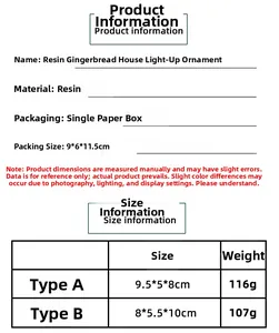 Size specifications and product details for LED resin Christmas house table decorations