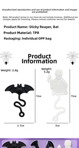 Detail view of TPR sticky bat and reaper toys for Halloween with size specifications