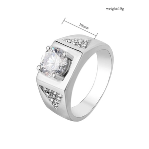 Close-up of men's 10mm silver wedding ring with round solitaire zircon and pave details