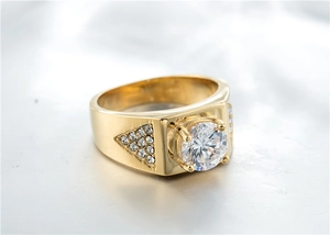 Detailed view of men's gold ring featuring a large round zircon and side pave settings
