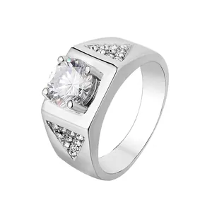 Classic men's silver wedding ring with a large round zircon and side stone accents
