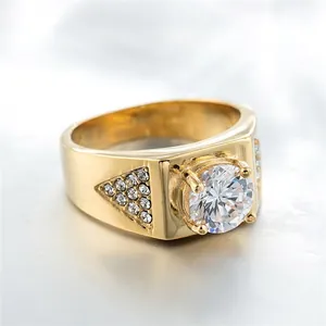Luxurious men's gold-plated wedding ring with a large round zircon and side pavé accents