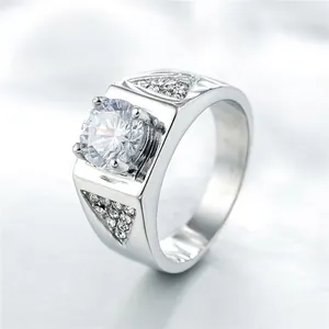 Mens silver wedding band with large round cubic zirconia and pavé-set triangular accents