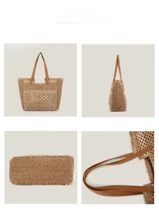Detail view showing handmade woven tote bag from front, side, bottom and leather strap angles