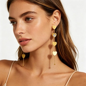 Detail of long gold tassel heart earrings with crystal studs on female model