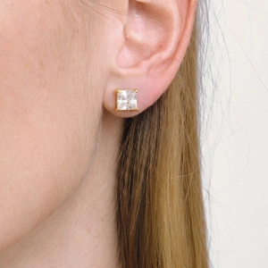 Minimalist 18K gold plated stainless steel stud earrings with square cubic zirconia