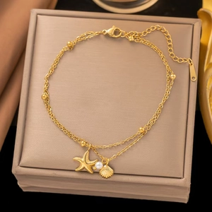 Titanium Steel Double Layer Starfish Shell Pendant Necklace Anklet Gold Steel Artificial Pearl Beach Jewelry For Women