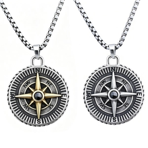 Vintage Compass Pendant Necklace Stainless Steel Viking Punk Hip Hop Style Jewelry For Men With Black Stone