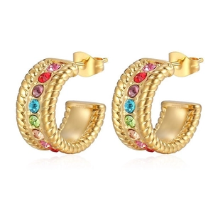 Stainless Steel C Shaped Hoop Earrings With Twisted Texture And Colorful Rhinestone Inlay Vintage Fashion Jewelry For Women