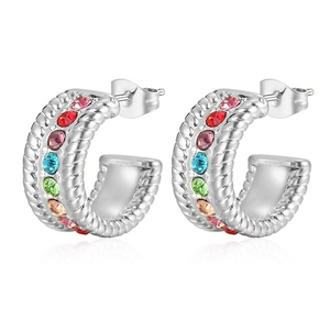 Silver C-shaped twist earrings with multi-colored cubic zirconia stones for women