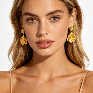 Boucles D'oreilles Pendantes Fleurs En Acier Inoxydable Plaqué Or 18K Design Rose Double Couche Bijoux Vintage