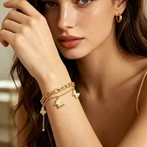Butterfly Double Layer Bracelet 18K Gold Plated Stainless Steel Luxury Fashion Jewelry For Women Adjustable