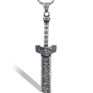 Vintage stainless steel broken sword pendant necklace with Nordic relief patterns