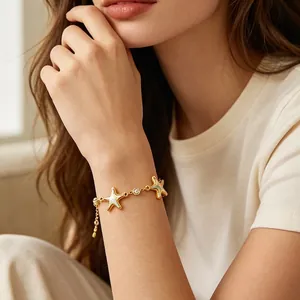 Starfish Charm Bracelet Gold Plated Stainless Steel With Abalone Shell And Zircon Adjustable Ocean Jewelry For Women