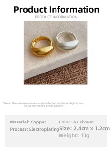 Detailed view of matte gold and silver dome rings with dimensions and copper material specs