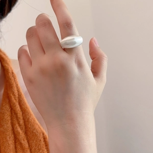 French style matte silver chunky oval open ring with smooth brushed finish on model hand
