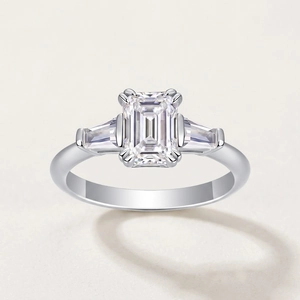 Classic 925 sterling silver ring with emerald cut moissanite and side tapered stones