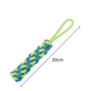 Close-up of 30cm blue and green braided cotton rope dog toy with corn-like texture