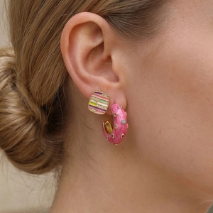 Colorful Enamel C-Shaped Hoop Earrings And Square Studs With Rhinestones Gold Plated For Women 925 Sterling Silver Earring Post