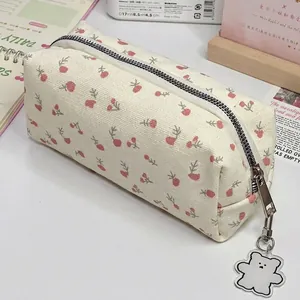 Floral Canvas Pencil Case Large Capacity Stationery Storage Bag With Cute Pendant Student Stationery Organizer