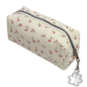 Floral cream canvas pencil case with large capacity and cute white bear pendant charm