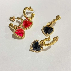 Gold plated brass heart stud earrings with red and black crystals and zircon border