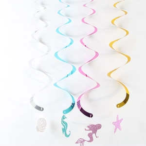 Detail of glitter ocean party hanging swirls with seahorse and mermaid silhouette pendants